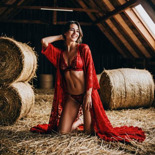 Woman in Red Lace Robe in Hay Loft