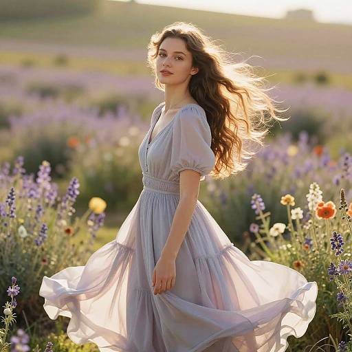 Photograph of a young woman with long brown hair, wearing a flowing light purple dress, standing in a sunlit meadow filled with colorful wildflowers