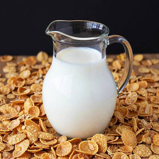 Glass Pitcher of Milk with Cornflakes