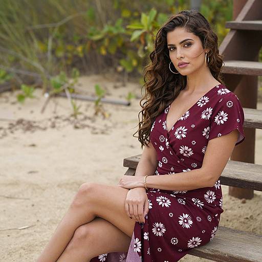 Woman in Floral Dress Sitting on Wooden Steps