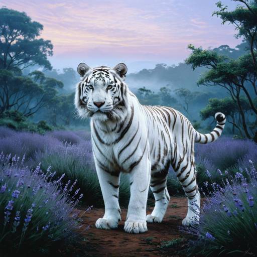 Majestic White Tiger in Misty Jungle at Dawn