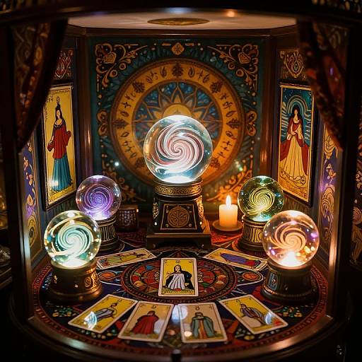 Photograph of a mystical altar with glowing spiral orbs, candles, tarot cards, and religious icon art, surrounded by ornate, colorful patterns.