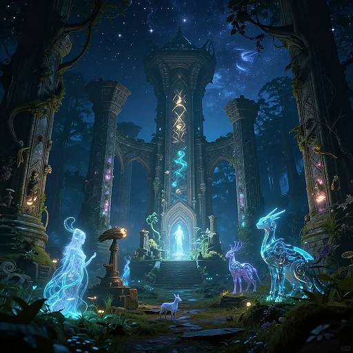 Enchanted Forest with Futuristic Spirits
