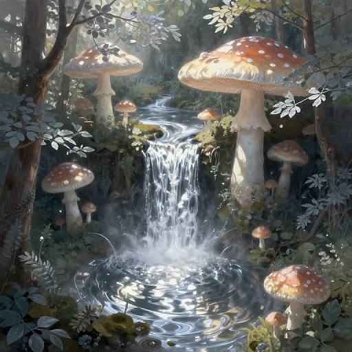 Whimsical digital painting of a forest stream cascading over moss-covered rocks, surrounded by glowing red-and-white spotted mushrooms under dappled sunlight.