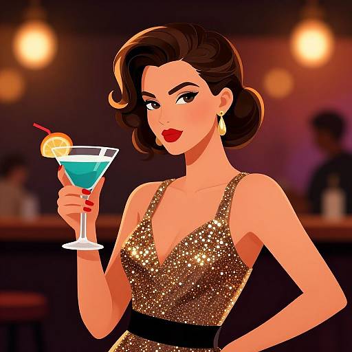 Digital illustration of a glamorous woman with dark, wavy hair, wearing a glittery gold dress, holding a blue cocktail with an orange slice, in