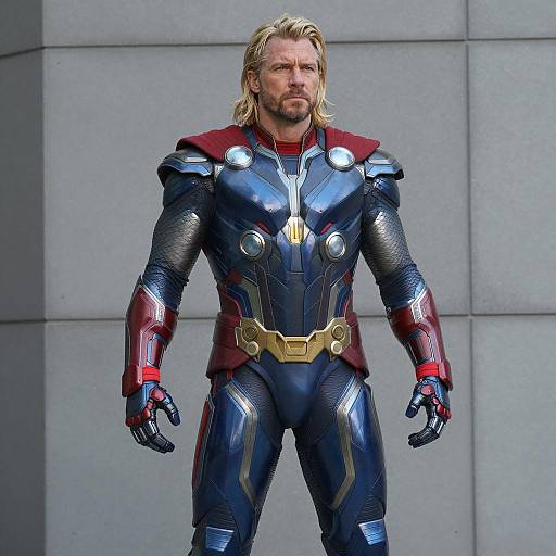 Male Superhero in Blue and Red Metallic Armor