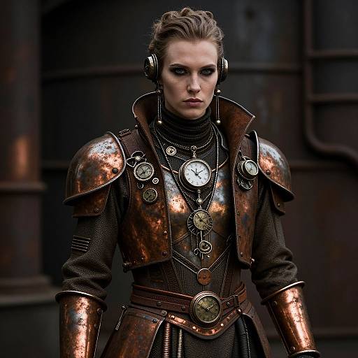 Digital artwork of a stern woman in copper steampunk armor with clock gears, wearing headphones, against a dark industrial background.