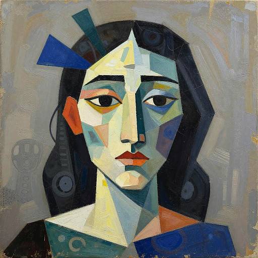 Abstract portrait painting of a woman with geometric facial features, black hair, red lips, blue and yellow accents, and a gray background.