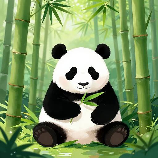 Digital illustration of a cute, cartoon-style panda sitting in a lush, green bamboo forest, holding a bamboo leaf with its black and white paws.
