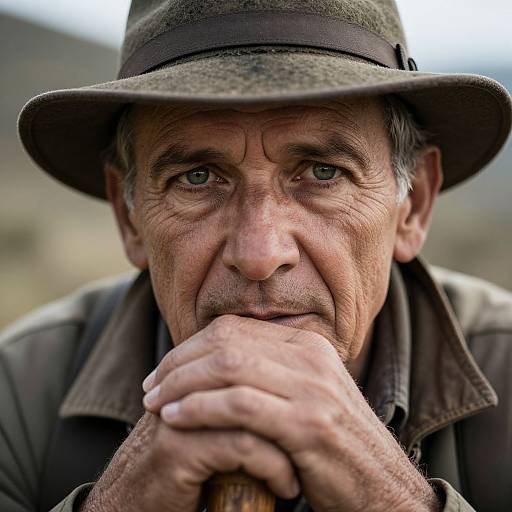 Close-up photograph of an elderly man with deep wrinkles, wearing a weathered brown hat and coat, gazing intently, hands clasped in front