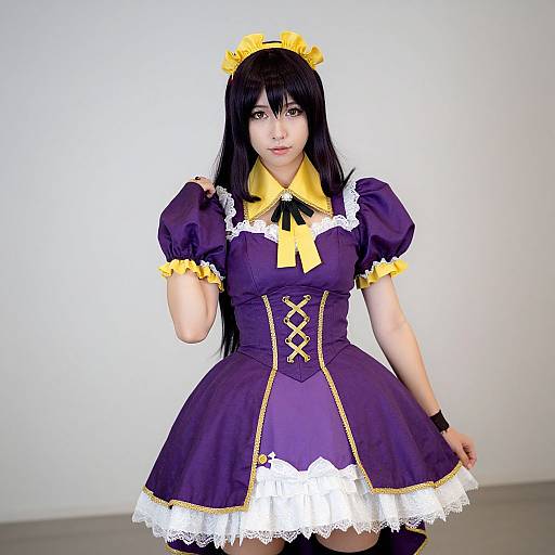 Photograph of an Asian woman in a purple and yellow French maid cosplay outfit with lace trim, black hair, and a yellow headpiece, standing against
