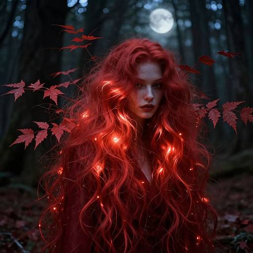 Photograph of a pale-skinned woman with long, glowing red hair and illuminated leaves, standing in a dark, moonlit forest.