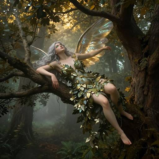Photograph-style digital fantasy image of a silver-haired fairy with glowing wings, dressed in leafy foliage, lounging on a tree branch in a mist