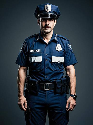 Man in Police Uniform with Badge and Cap