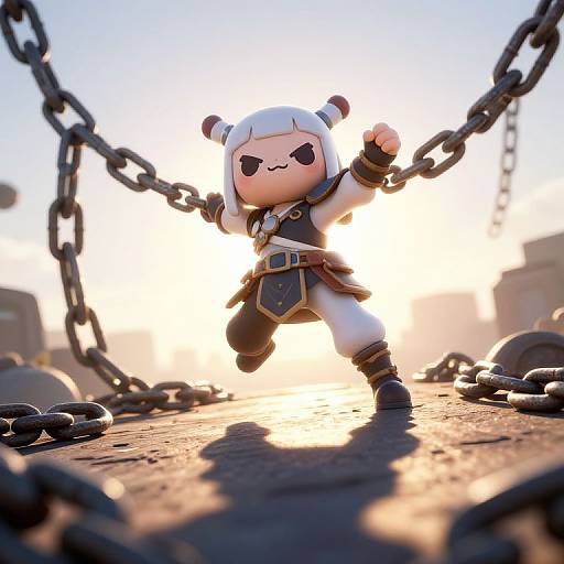 Photorealistic CGI of a cute, white-haired chibi character with black horns, wearing a warrior outfit, fighting stance, surrounded by large chains,
