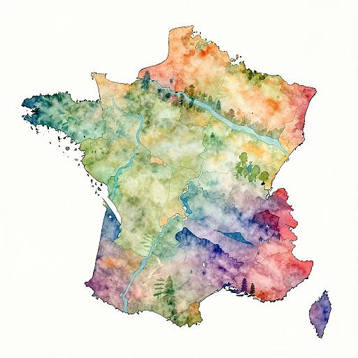 Watercolor-style map of Germany with vibrant, multi-colored gradients highlighting different regions; varying shades of green, yellow, blue, red, and purple.