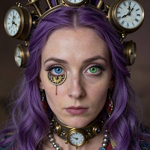 Photograph of a woman with purple hair, wearing multiple clock headpieces and a clock choker, with heterochromia (one blue eye,