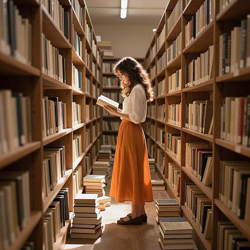 Photograph of a curly-haired woman in white blouse and orange skirt, standing in sunlit library aisle, reading a book.