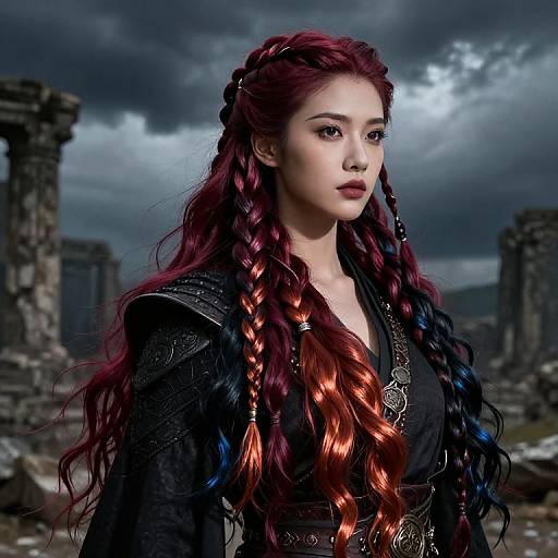 Digital fantasy artwork of a fair-skinned woman with long, braided red and blue hair, wearing black, ornate armor, in a stormy