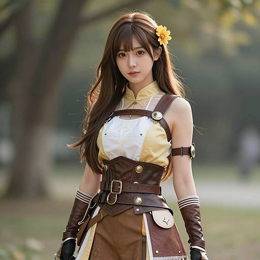 Photorealistic anime-style photograph of a young Asian woman with long brown hair, yellow flower, wearing brown leather and yellow outfit, standing in a blurred