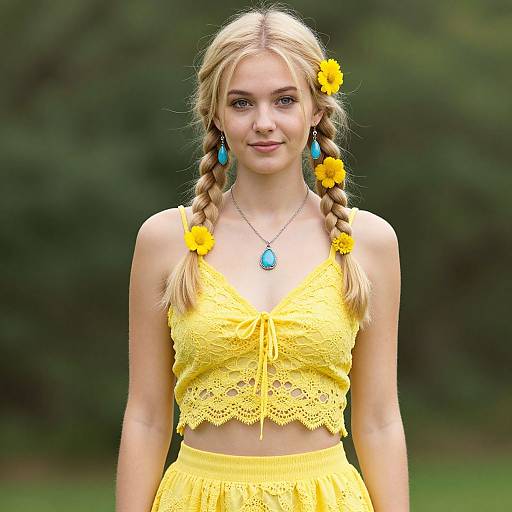 Photograph of a blonde woman with braided hair, yellow lace top, and skirt, adorned with sunflower clips, turquoise earrings, and a blue