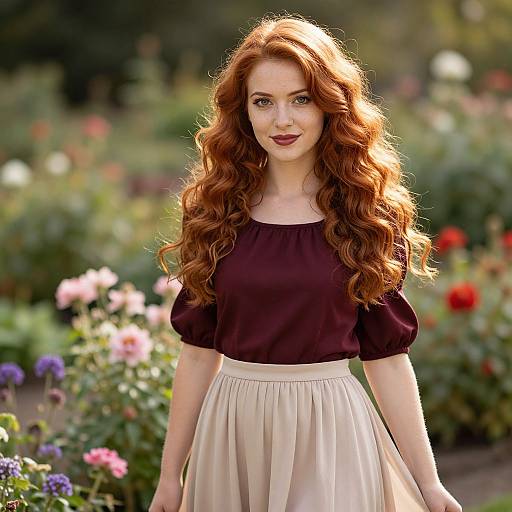 Photograph of a fair-skinned woman with long, wavy red hair, wearing a black top and beige skirt, standing in a vibrant, colorful