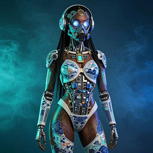 Digital art of a futuristic, dark-skinned female robot with glowing blue eyes, intricate metallic body, braided hair, and cybernetic mask,