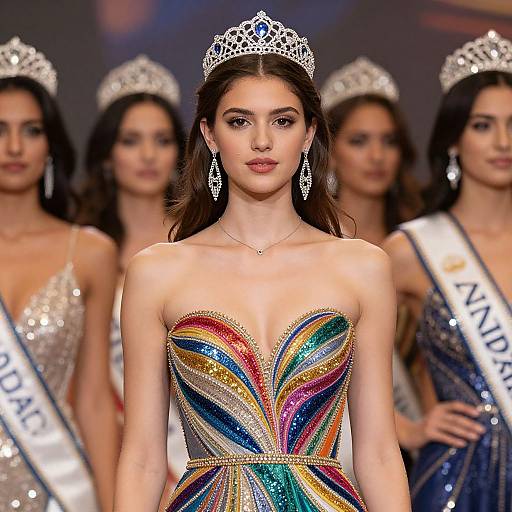 Photograph of a brunette model wearing a sparkling silver tiara, multicolored sequined strapless dress, and large silver earrings, standing in front