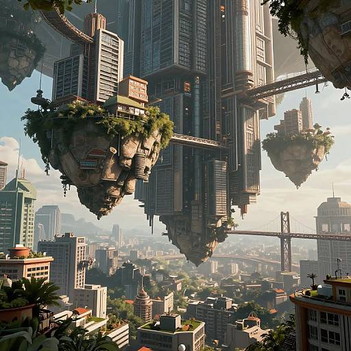 Digital art of a futuristic cityscape with floating skyscrapers, lush greenery, and suspended buildings amidst a sprawling urban landscape.