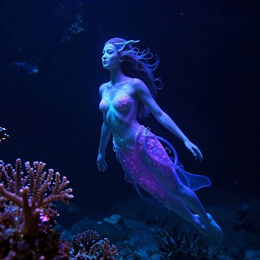 Photorealistic digital artwork of a blue-lit, topless mermaid with flowing hair, translucent purple tail, swimming amidst dark underwater coral reef.