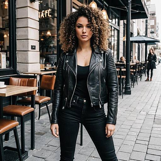 Woman in Leather Jacket Outside Cafe