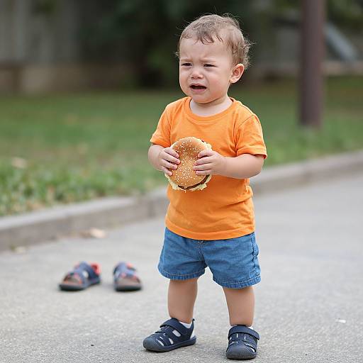 Photograph of a curious toddler with light brown hair, wearing an orange shirt, blue shorts, and navy shoes, holding a sesame seed bun on a