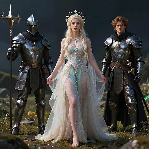 Photorealistic CGI of a blonde princess in a translucent, gem-embellished gown, flanked by armored knights with a dark, misty
