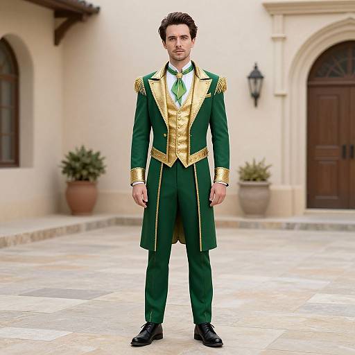 Photorealistic image of a handsome man in a green and gold formal outfit, standing in a sunlit courtyard with potted plants.