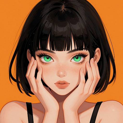 Digital anime-style portrait of a pale-skinned girl with large green eyes, black bob haircut, and black tank top, set against an orange background,