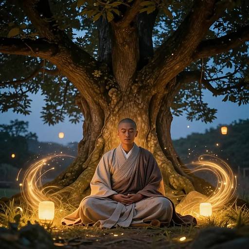 Photograph of a serene Buddhist monk with shaved head, sitting cross-legged under a large tree at dusk, surrounded by glowing fire swirls.