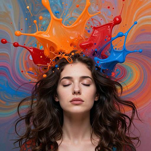Photograph of a fair-skinned woman with closed eyes, dark wavy hair, wearing a vibrant crown of orange and red paint splashes against a