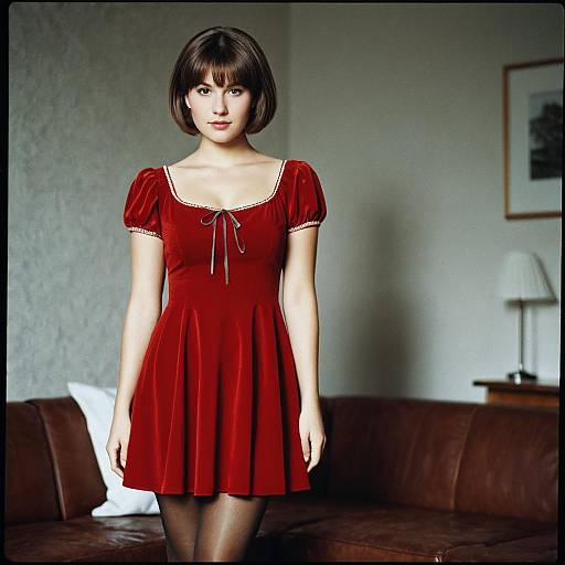 Woman in Classic Red Dress with Pantyhose