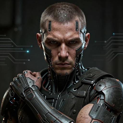Photorealistic CGI of a serious, cybernetically enhanced man with short brown hair, metallic face implants, and black armored suit, against a dark