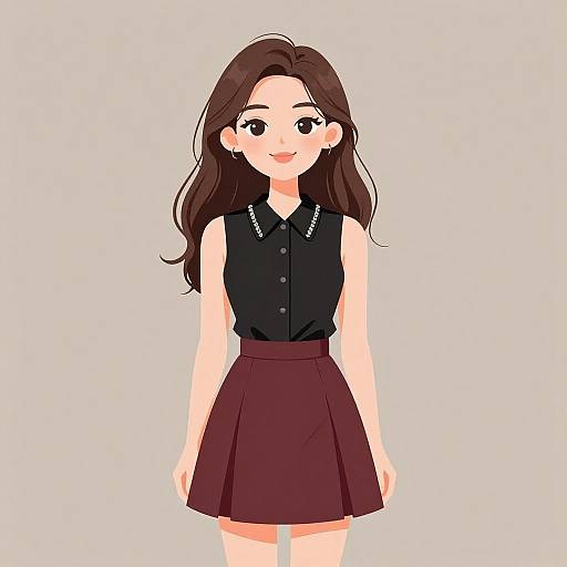 Digital anime-style illustration of a smiling young woman with long brown hair, wearing a black sleeveless blouse and a maroon skirt.