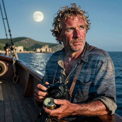 Photograph of a rugged, middle-aged man with curly blonde hair, holding a camera, standing on a wooden boat deck at sunset, with a sun