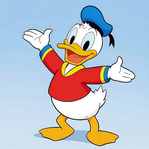 Cartoon duck in red shirt, yellow cuffs, blue cap, white body, orange feet, and beak, standing with arms raised, smiling,