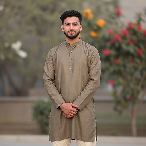 Photograph of a young South Asian man with dark hair and beard, wearing a beige traditional long kurta, standing outdoors with hands clasped, blurred