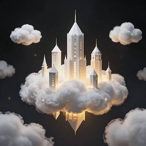 Digital illustration of a glowing, white, castle-like structure floating on a fluffy, white cloud against a dark, starry night sky.