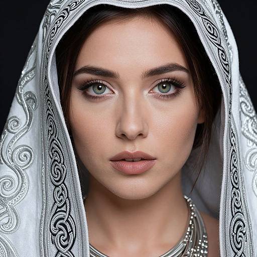 Photograph of a young woman with fair skin, green eyes, and dark brown hair, wearing a silver-patterned veil, and a pearl necklace,