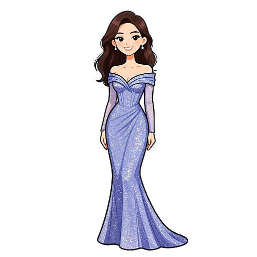 Digital anime-style drawing of a smiling woman with long brown hair in a sparkly, off-the-shoulder, blue evening gown.