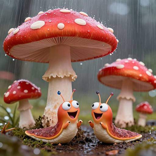 Photograph of two cheerful, cartoon-like orange snails with large eyes under red-spotted mushrooms in a rainy forest, surrounded by moss and raindrops