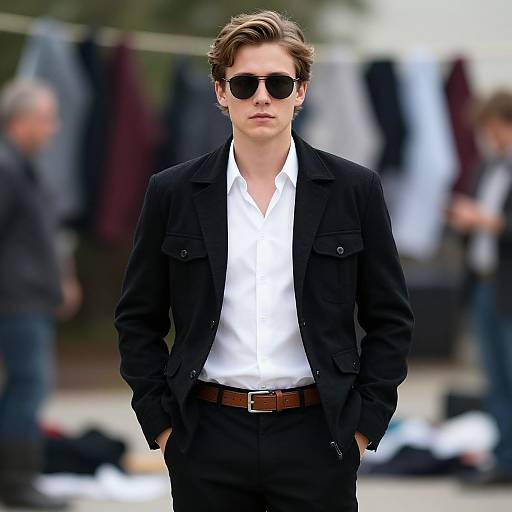 Photograph of a stylish young man with short brown hair, wearing black sunglasses, a black jacket, white shirt, and black pants, standing confidently with