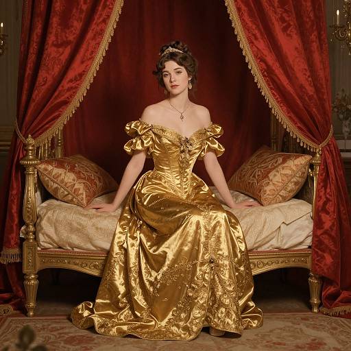 Photograph of a Victorian-style woman in a lavish, gold, off-shoulder gown, seated on an ornate, red-curtained bed