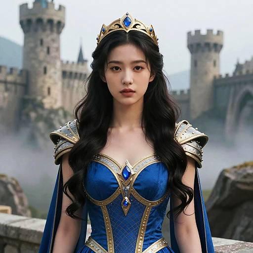 Digital artwork of an Asian woman with long black hair, wearing a blue and gold medieval dress with a crown, standing before a castle with misty background